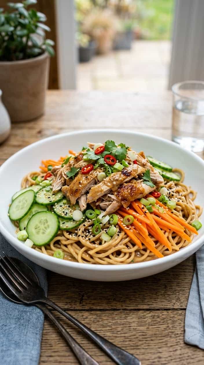 A wide ceramic bowl filled with pale tan noodles coated in glossy sesame sauce, topped with shredded chicken, thin-sliced cucumber, orange carrot ribbons, and a scatter of toasted sesame seeds.