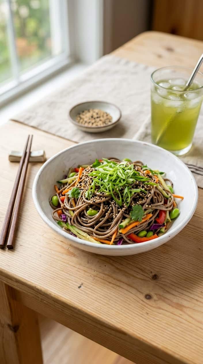 A bowl of cold sesame soba noodle salad garnished with sliced scallions on a wooden table with chopsticks and a glass of iced tea nearby.