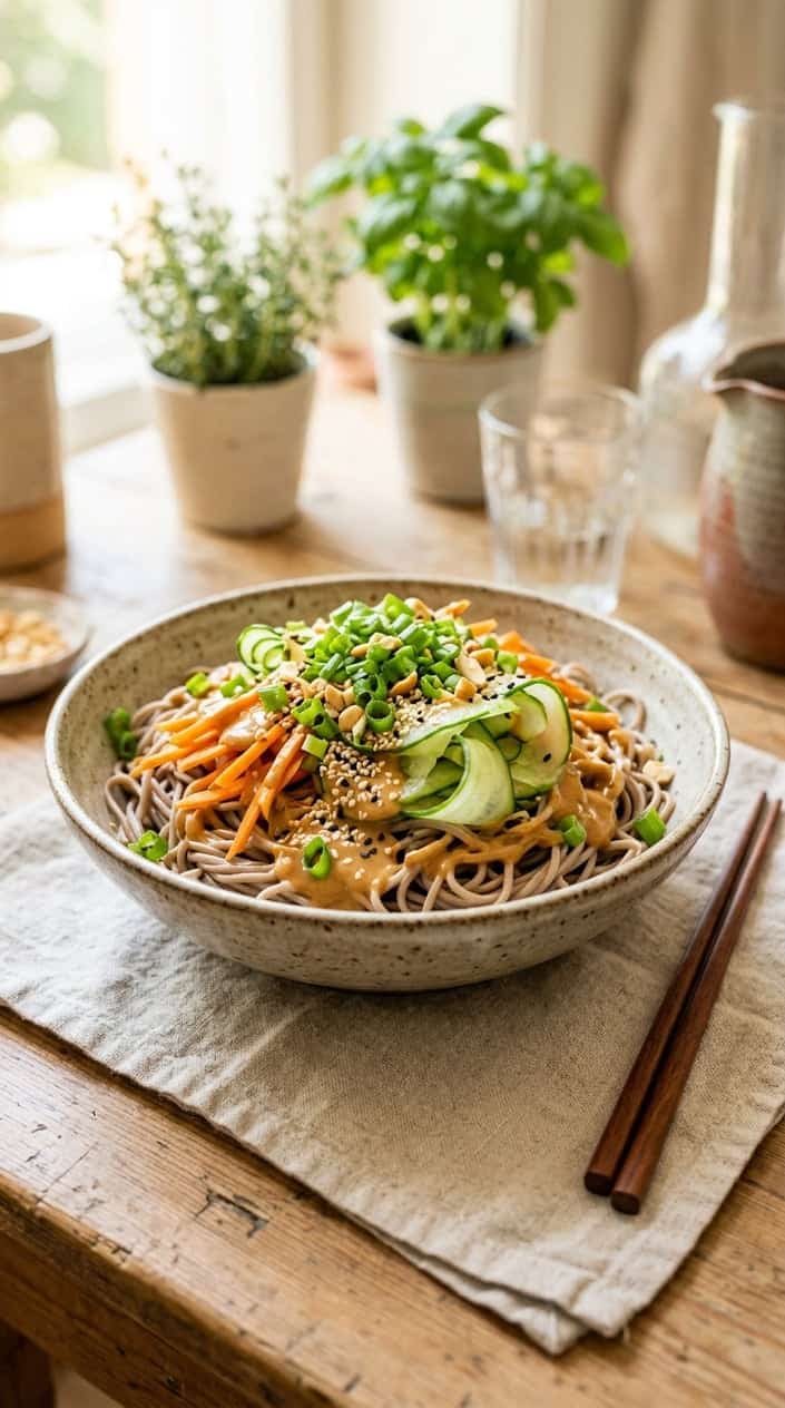 A deep bowl of cold gray-brown soba noodles topped with thin cucumber rounds, orange shredded carrot, sliced green onion, a drizzle of tan peanut sauce, and a sprinkle of black sesame seeds, with chopsticks resting across the rim.