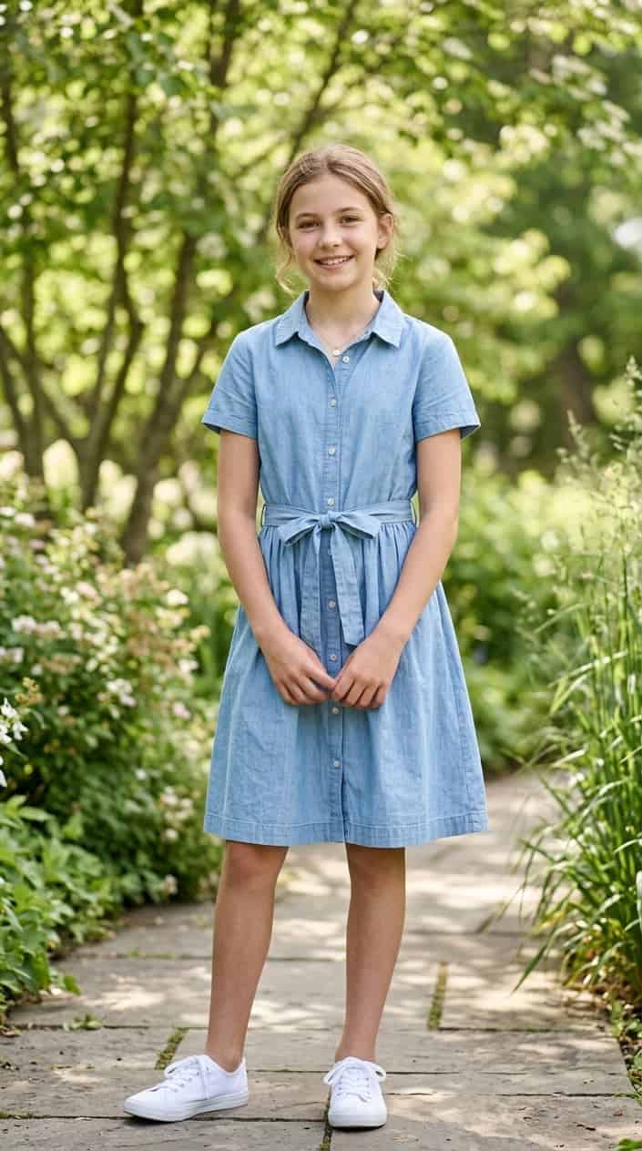 Modest Summer Dresses for Tweens 11 A tween girl standing outdoors wearing a knee-length collared shirt dress with a tie waist, smiling gently.