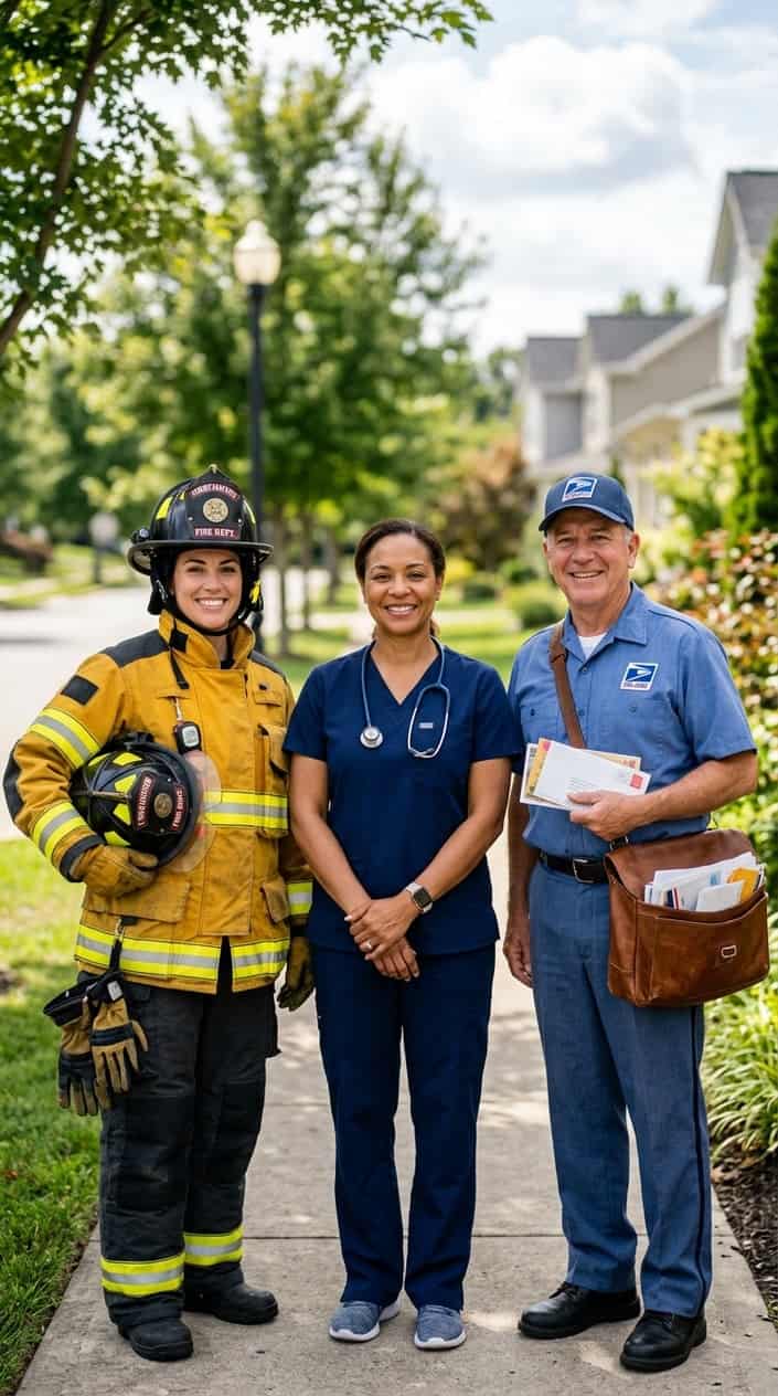 A firefighter, nurse, and mail carrier standing together outdoors, smiling and ready to help.