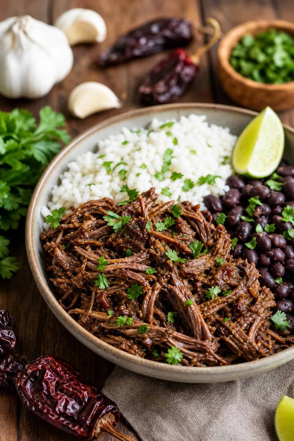 A bowl of shredded chipotle barbacoa beef served with rice, black beans, and a lime wedge on a wooden table.