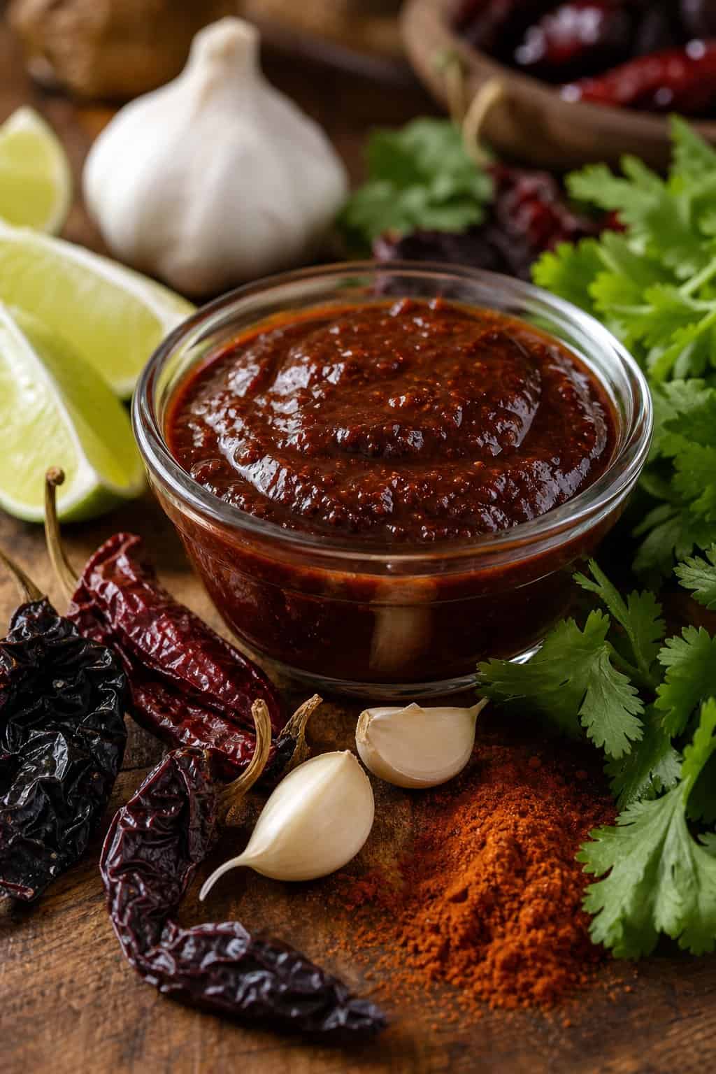 A bowl of chipotle barbecue sauce surrounded by chipotle peppers, garlic, cilantro, lime wedges, and paprika on a wooden table.
