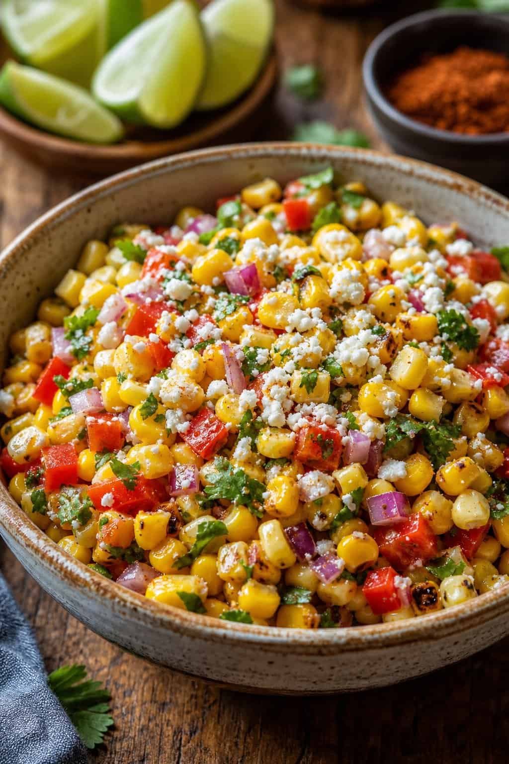 A bowl of colorful corn salsa with grilled corn, red onions, cilantro, red peppers, and cheese on a wooden table with lime wedges nearby.