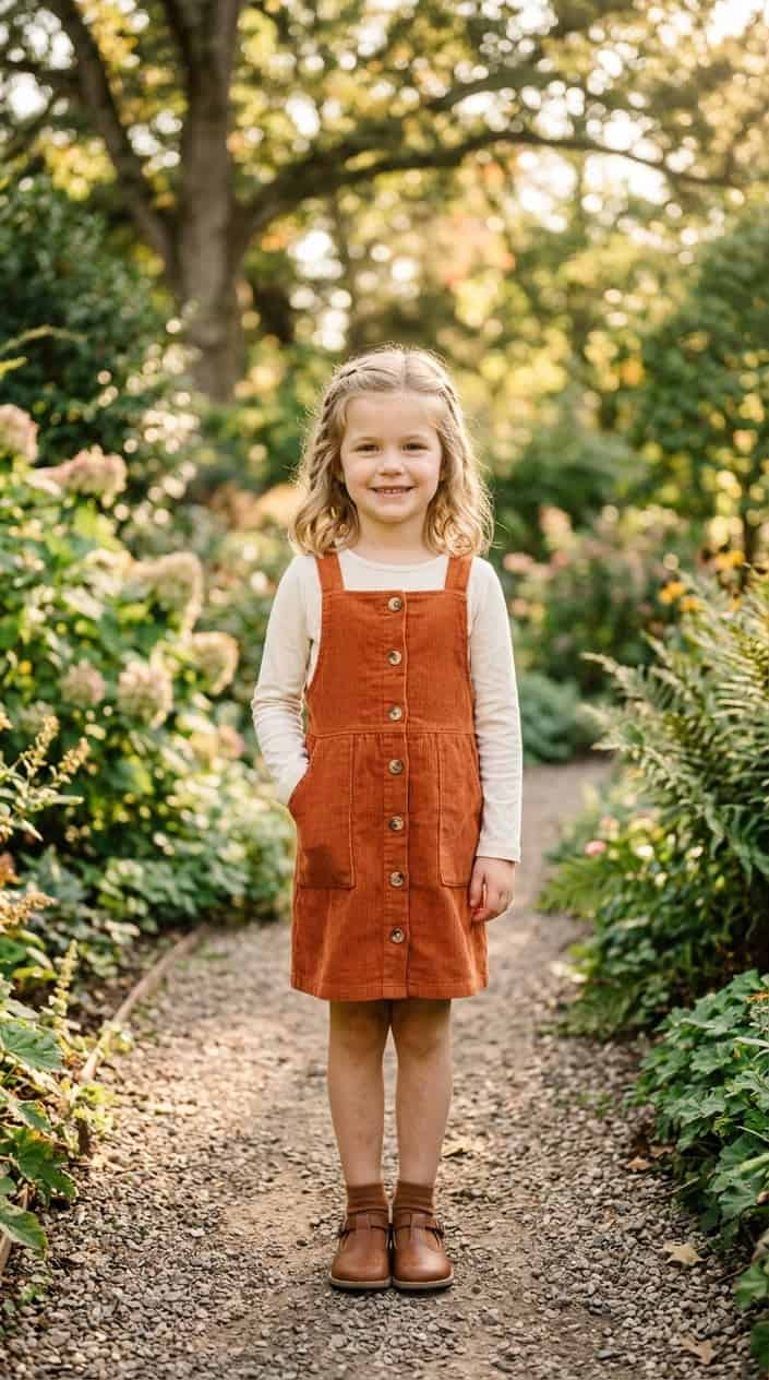 Boutique-Style Dresses for Little Girls on a Budget 8 A young girl standing outdoors wearing a corduroy pinafore dress with buttons down the front, smiling gently with a blurred natural background.