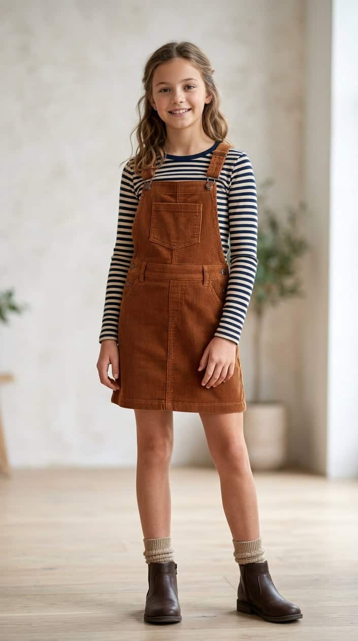 A pre-teen girl wearing a corduroy pinafore dress over a striped tee, standing against a plain background.