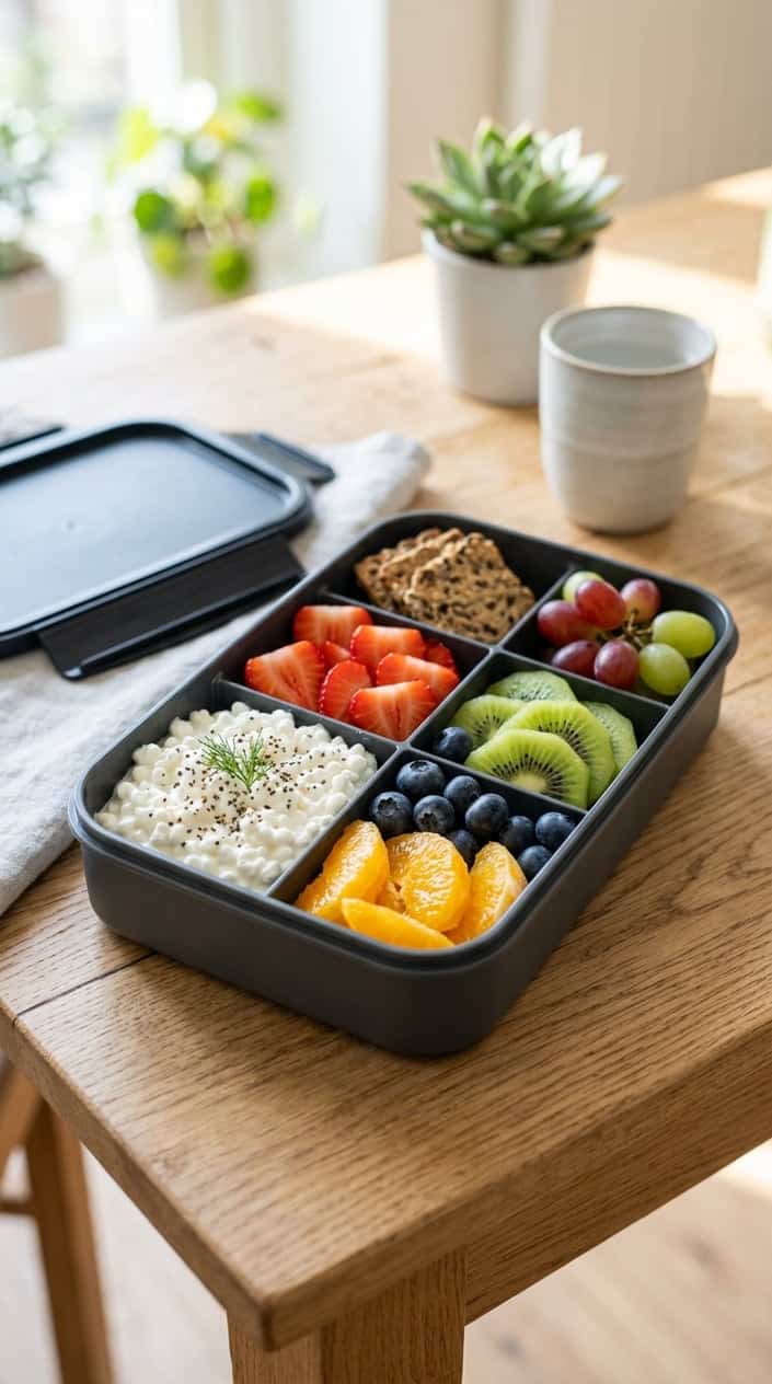 A rectangular bento box with one compartment holding a scoop of white cottage cheese drizzled with honey, and three separate compartments neatly filled with sliced strawberries, halved purple grapes, and scattered blueberries, on a pale wood surface.