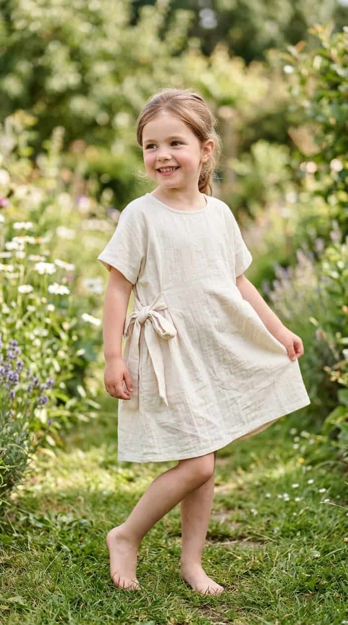 Boutique-Style Dresses for Little Girls on a Budget 15 A young girl standing outdoors wearing a light-colored dress with a side tie, smiling and surrounded by greenery.