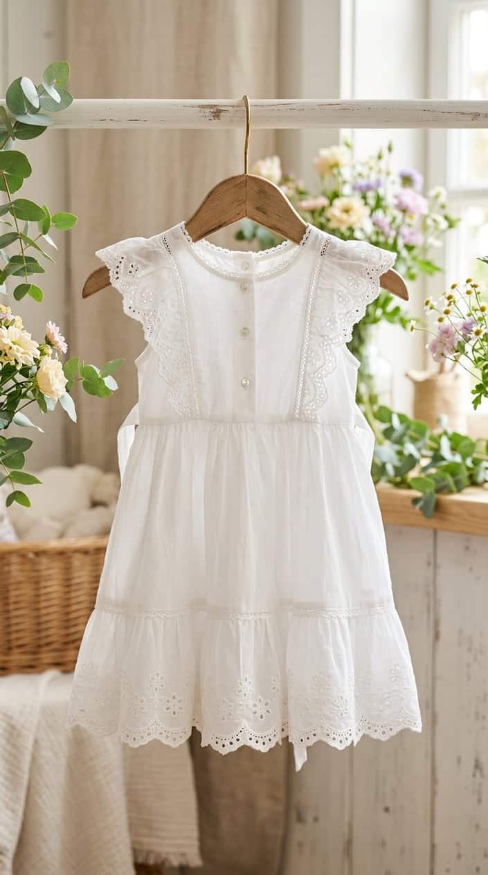 A white baby sundress with eyelet trim hanging on a wooden hanger against a softly lit neutral background, surrounded by green leaves and pastel flowers.