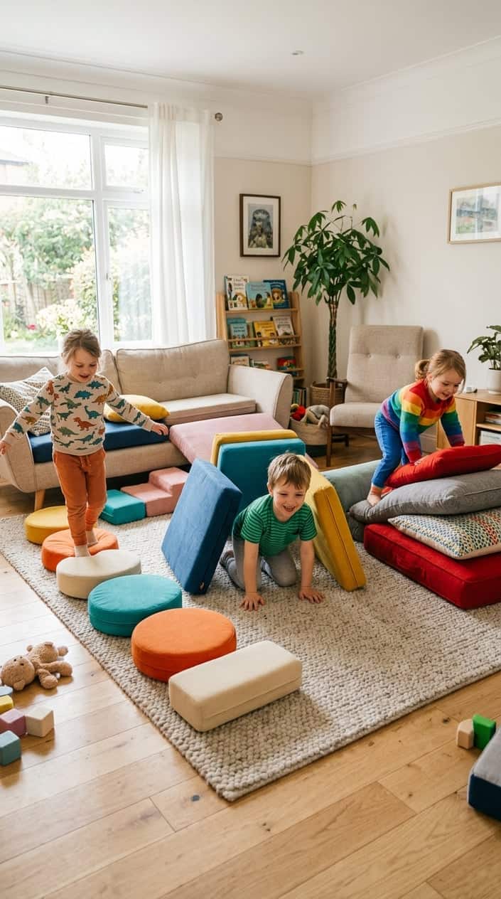 Children playing on a couch cushion obstacle course in a living room.
