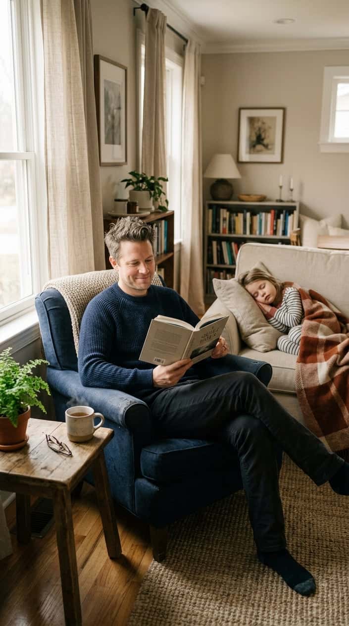 Father sitting peacefully in an armchair reading a book while a child naps on a nearby couch in a cozy living room.