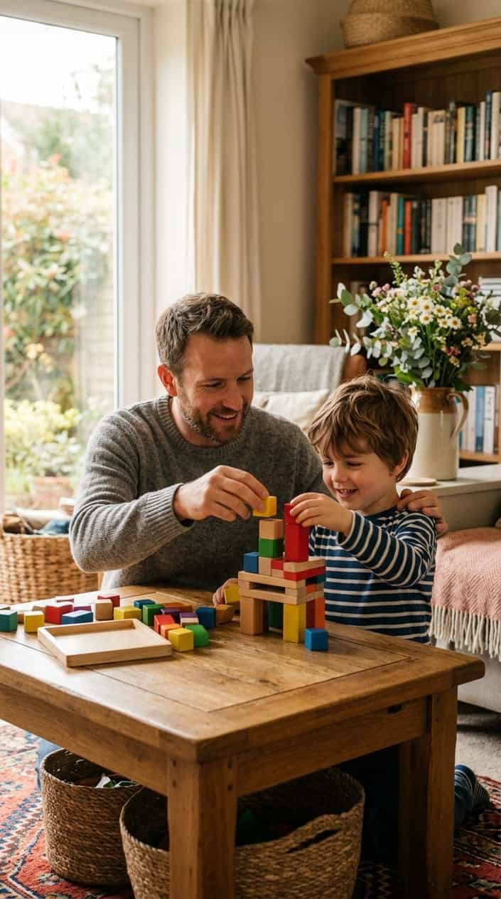 A father and child sitting at a table, happily doing a creative activity together without any electronic devices.