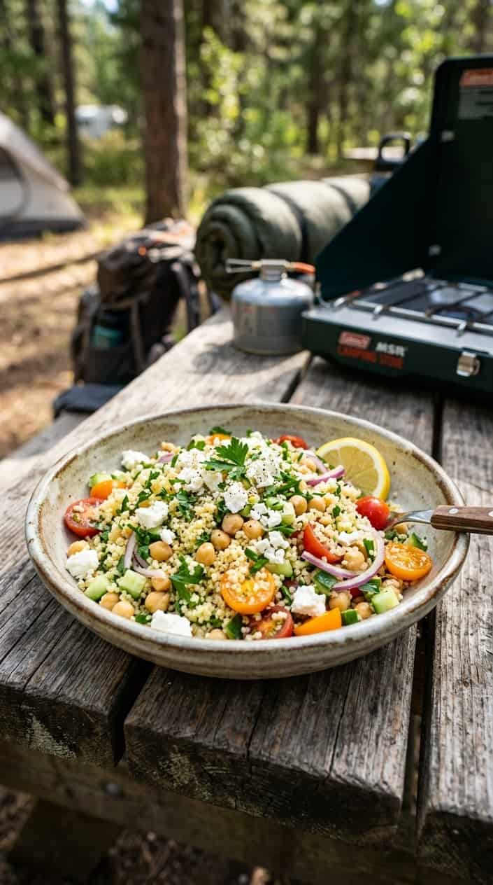 17 Camping Meals You Can Prep Ahead and Heat Over a Single-Burner Stove 7 A bowl of couscous salad with chickpeas, feta, and vegetables on a wooden table outdoors with camping equipment in the background.