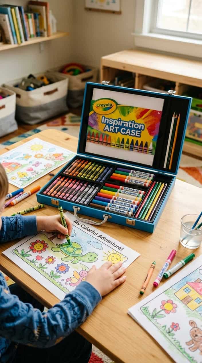A child coloring with a Crayola art case open on a table, surrounded by colorful crayons and partially colored drawings.