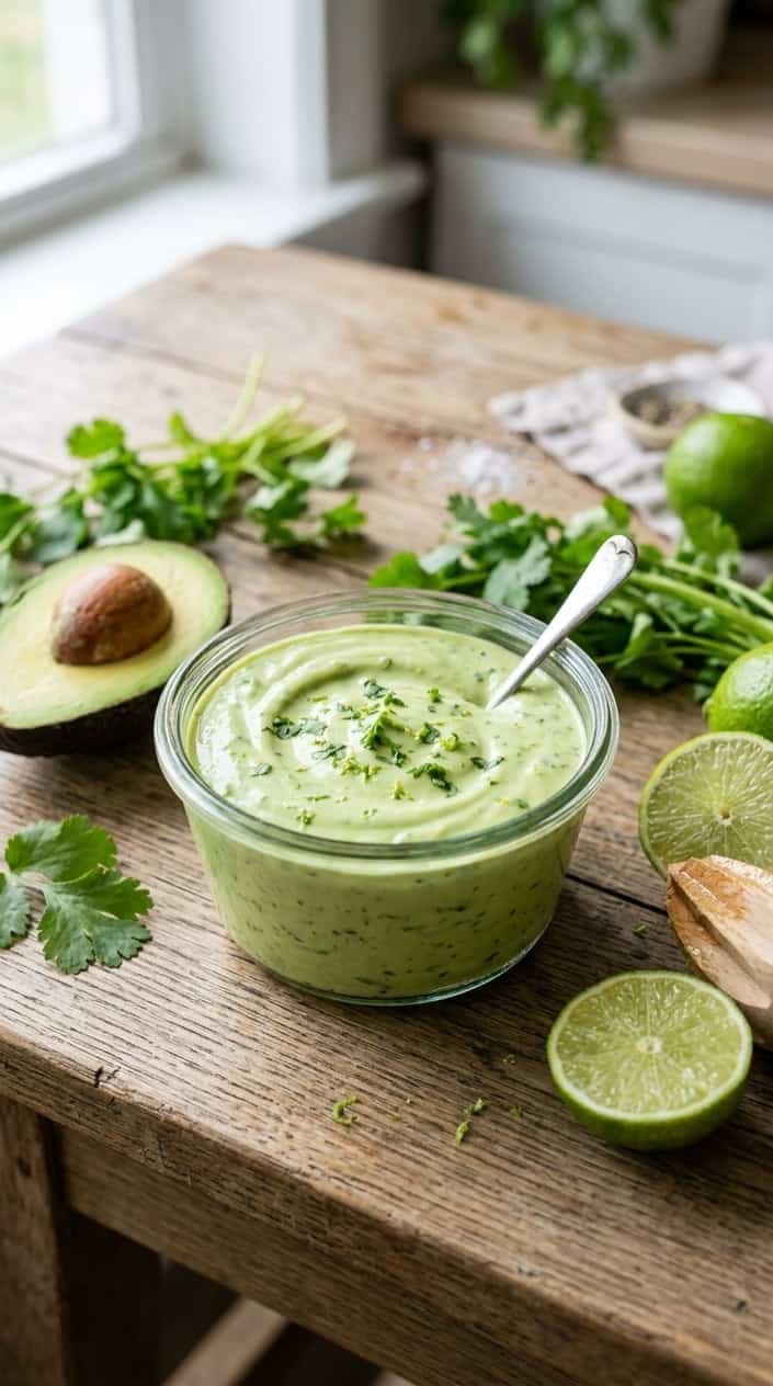 A small glass bowl of creamy avocado cilantro lime dressing surrounded by fresh avocados, cilantro, and lime halves on a wooden surface.