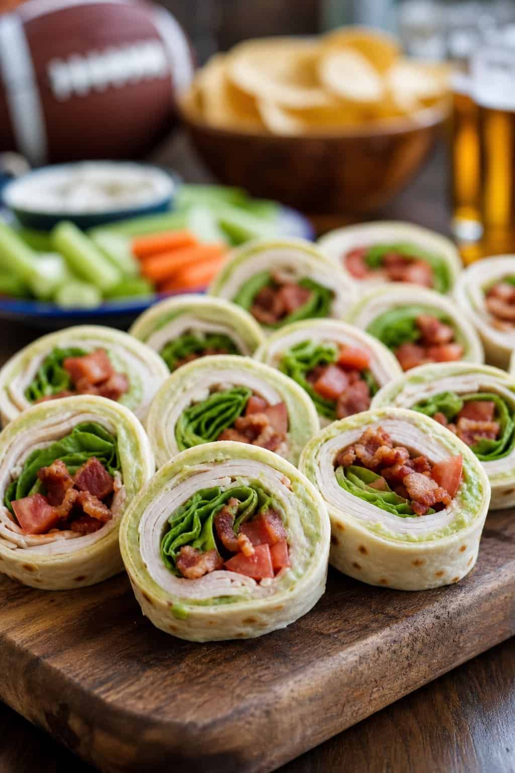 A plate of sliced creamy avocado turkey BLT pinwheel appetizers on a wooden board showing pale green avocado cream cheese filling with deli turkey, chopped bacon, and shredded lettuce layers, in a casual game day setting.