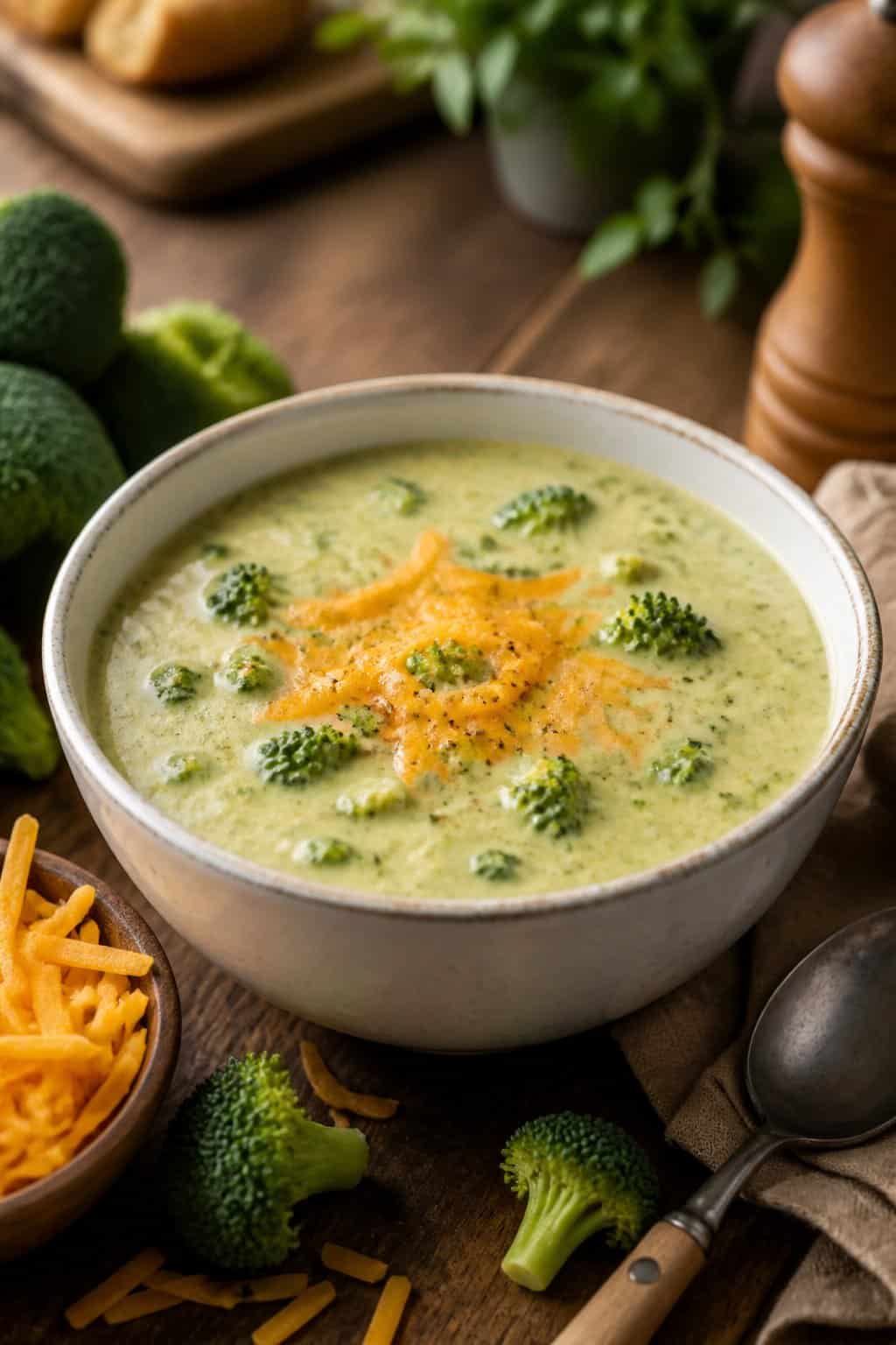 A bowl of creamy broccoli cheddar soup on a wooden table with fresh broccoli and shredded cheese nearby.