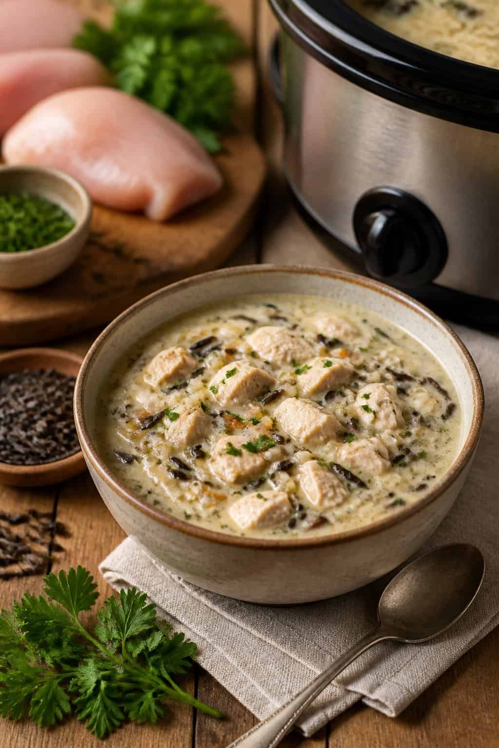 A bowl of creamy chicken and wild rice soup on a wooden table with fresh ingredients and a spoon nearby.