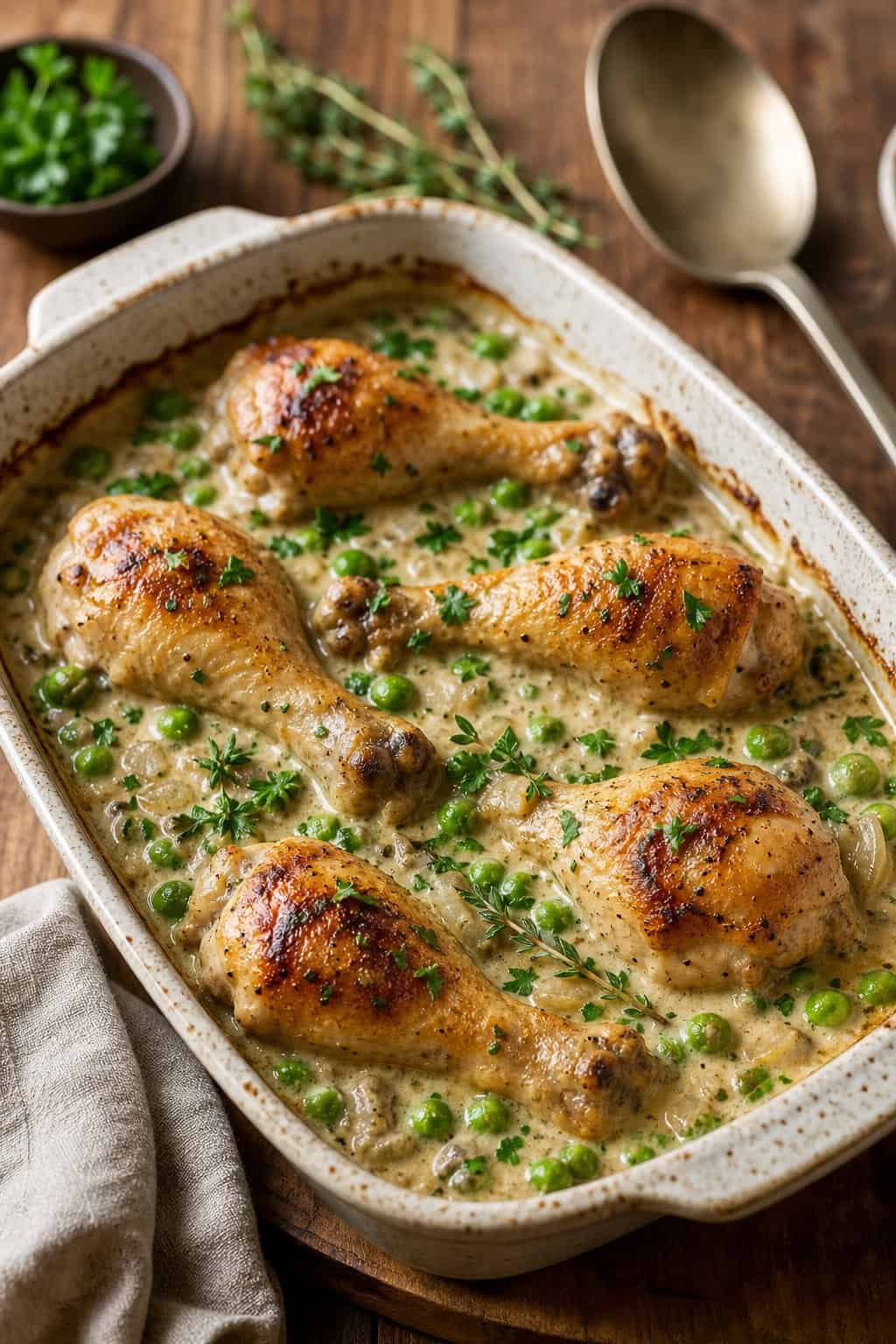 Easy Chicken Leg Recipes for Family Dinners 14 A golden-topped chicken leg casserole with visible peas and a creamy sauce served in a deep rustic ceramic baking dish on a wooden table.