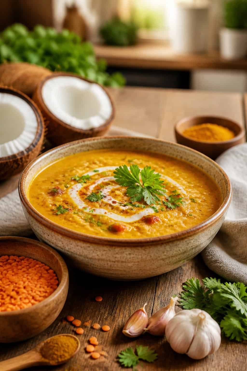 A bowl of creamy coconut curry lentil soup garnished with cilantro on a wooden table surrounded by fresh ingredients.