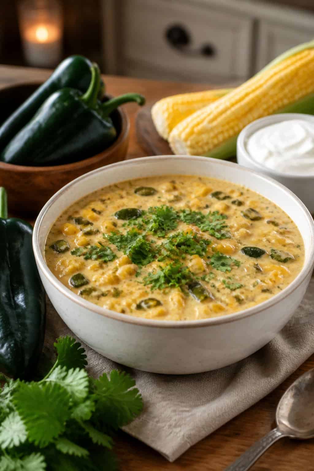 A bowl of creamy corn and poblano chowder garnished with herbs on a wooden table with fresh corn and poblano peppers nearby.