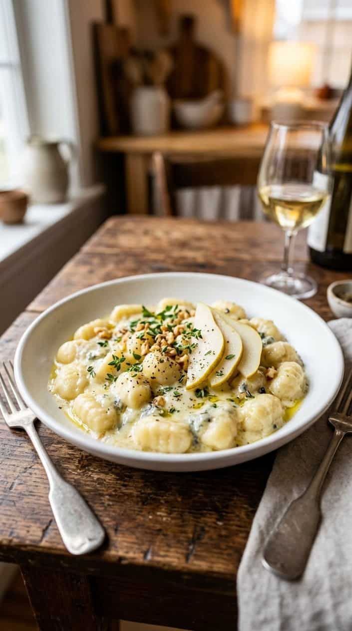 Pale ivory gnocchi coated in a creamy Gorgonzola sauce with translucent pear slices and scattered flat-leaf parsley on a wide shallow bowl over a linen-textured wooden surface.