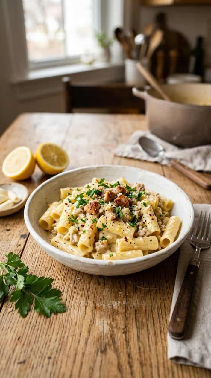 A bowl of creamy lemon-garlic ground chicken pasta garnished with parsley on a wooden table with lemon halves and garlic cloves nearby.