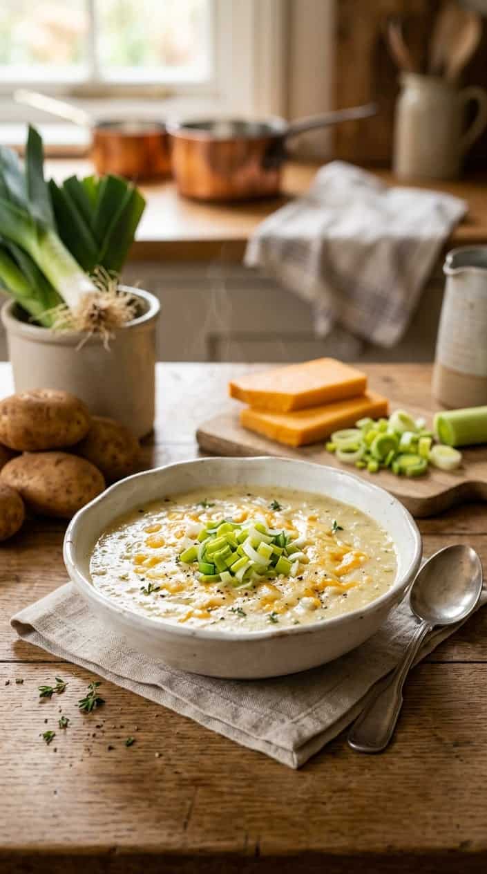 A bowl of creamy potato soup garnished with cheddar cheese and chopped leeks on a wooden table with fresh potatoes and leeks nearby.