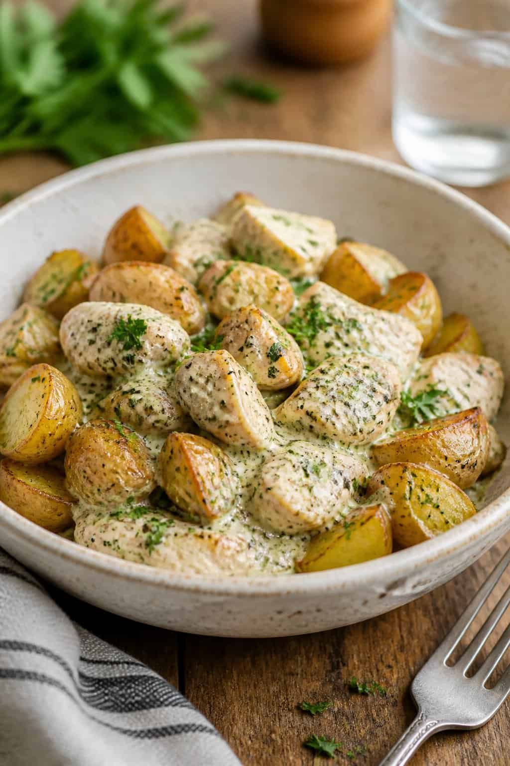 A bowl of creamy ranch chicken with roasted potatoes garnished with fresh herbs on a wooden table.