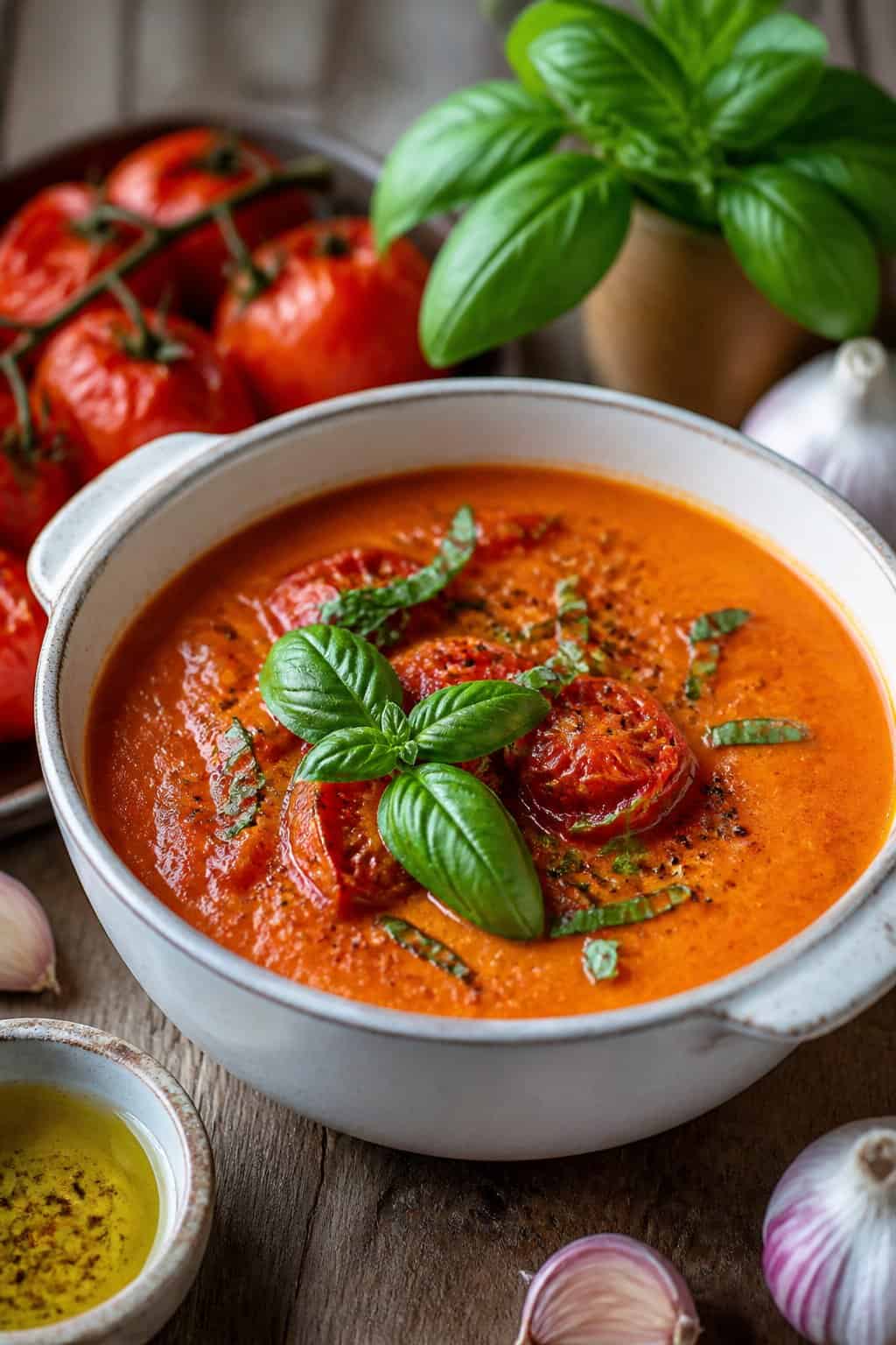 A bowl of creamy roasted tomato and basil soup garnished with fresh basil on a wooden table surrounded by ingredients like tomatoes and garlic.