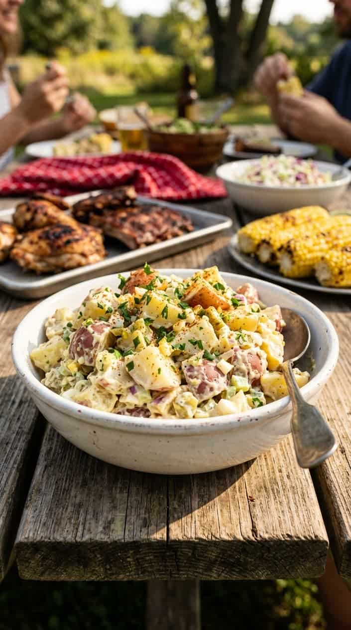 BBQ Side Dishes for a Memorial Day Cookout 2 A bowl of creamy potato salad with diced pickles and herbs on a wooden table, with blurred BBQ dishes in the background.