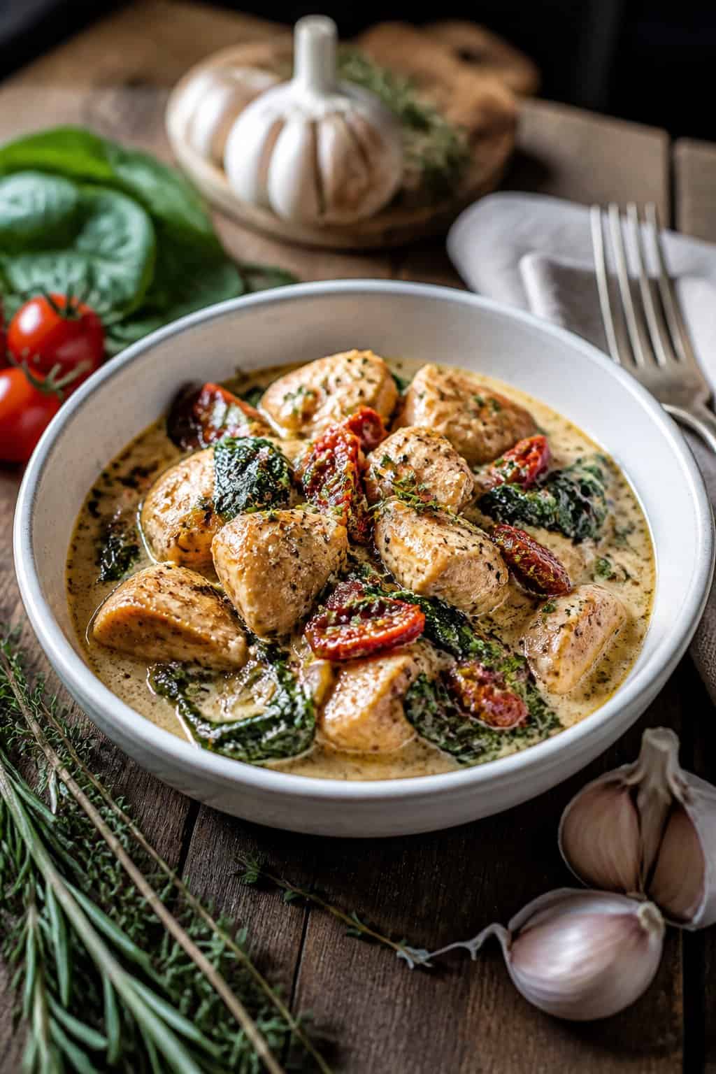 A bowl of creamy Tuscan chicken with sun-dried tomatoes and spinach on a wooden table with fresh ingredients around it.