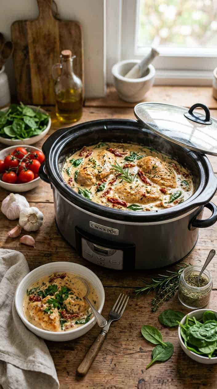 A slow cooker filled with creamy Tuscan garlic chicken surrounded by fresh ingredients on a wooden countertop in a kitchen.
