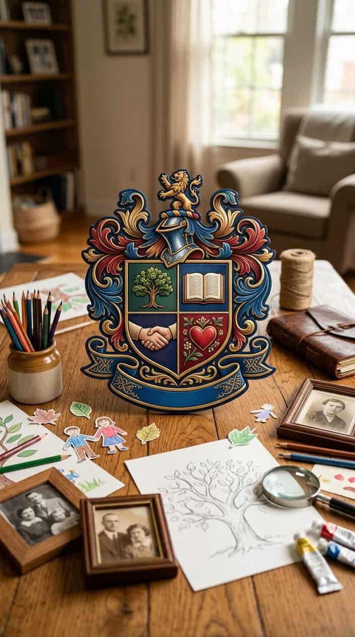 A detailed hand-drawn family crest emblem on a wooden table surrounded by colored pencils, art supplies, and small framed photos.