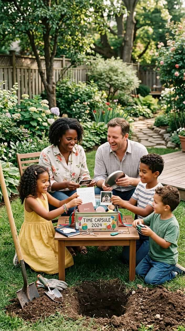 At-Home Kids' Activities Using What You Already Have 23 A family in their backyard burying a time capsule together, surrounded by greenery and gardening tools.