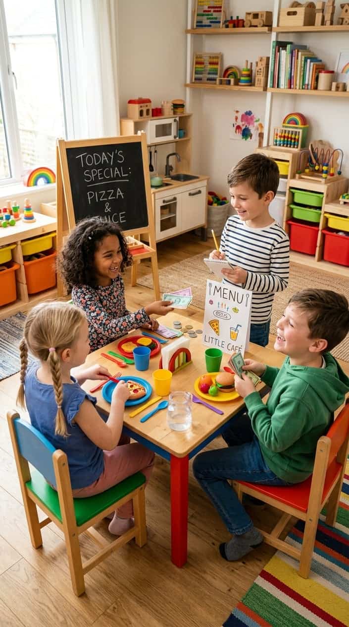 Children playing pretend restaurant using play money and toy dishes around a small table in a bright playroom.