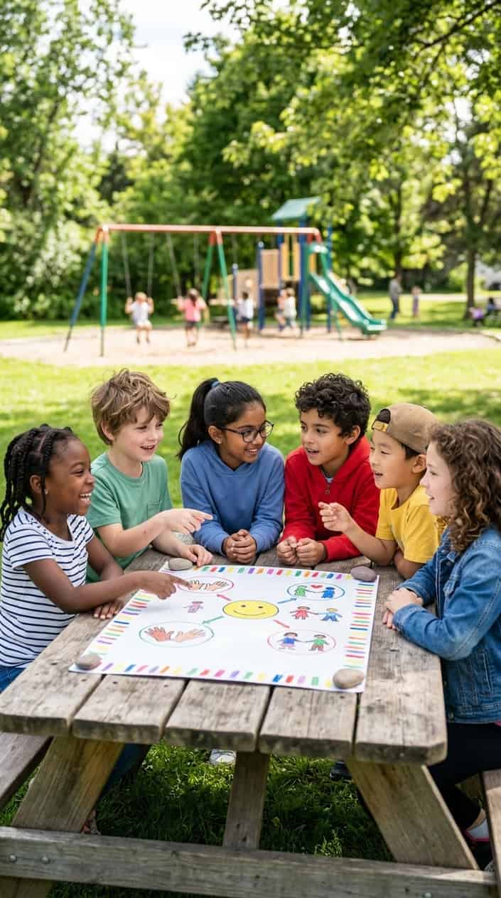 A group of children playing together outdoors around a table with a simple rule chart, interacting and cooperating without adults present.