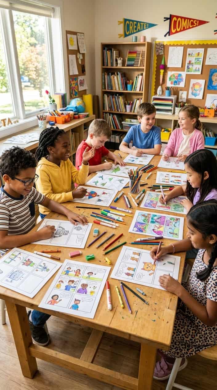 25 Kid Games for When 'I'm Bored' Has Been Said Three Times Before 10 AM 5 Children sitting around a table drawing and creating comic strips together with art supplies in a bright, cheerful room.