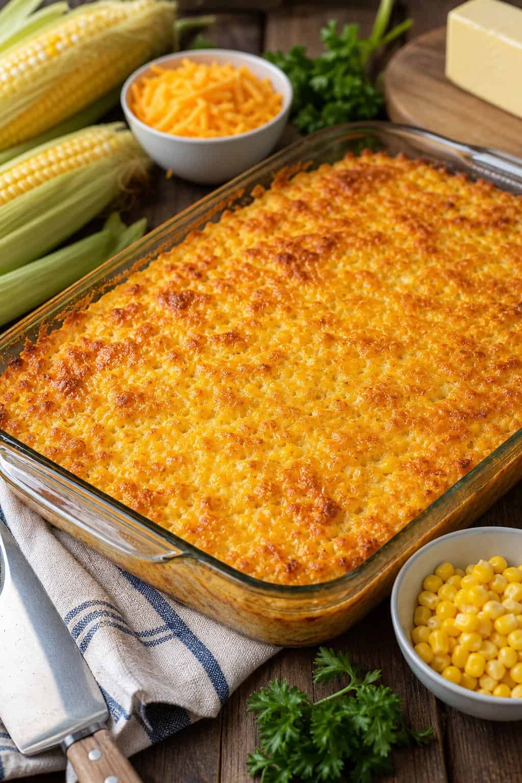 A freshly baked corn casserole in a clear glass dish on a wooden table surrounded by fresh corn ears, a block of cheddar cheese, a stick of butter, and small bundles of fresh herbs.