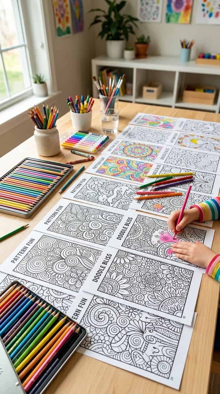 24 Free Printable Coloring Pages That Actually Hold a Kid's Attention 21 A collection of detailed coloring pages with creative patterns laid out alongside colorful pencils and markers on a clean surface.