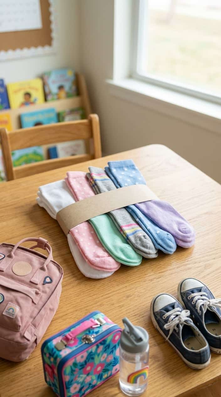 A pack of colorful crew socks for young girls displayed with a backpack, lunchbox, and sneakers on a bright surface.