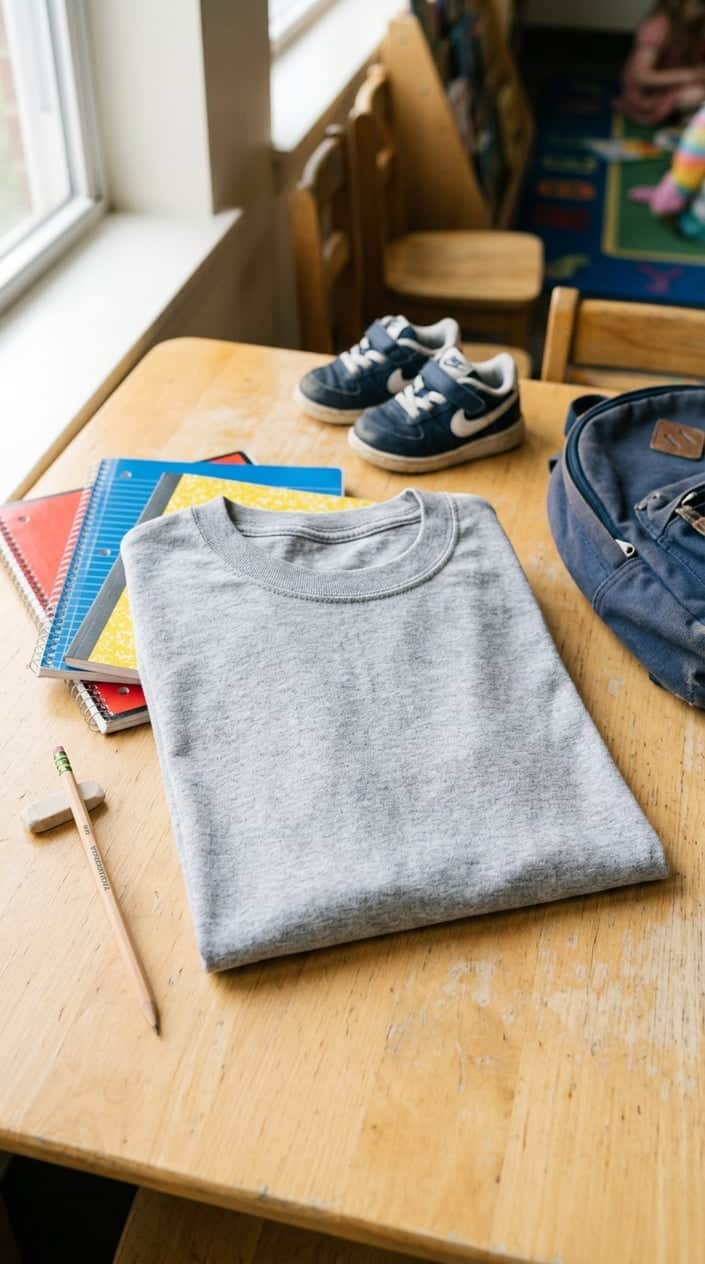 A neatly folded plain cotton crewneck t-shirt on a clean surface with school supplies and children's sneakers in the background.