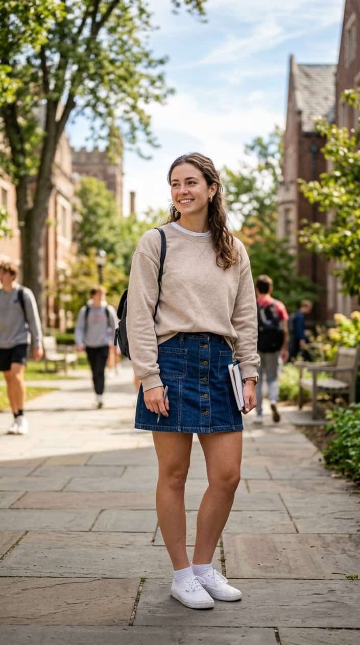 A young woman outdoors wearing a soft gray crewneck sweatshirt with a mid-rise A-line denim skirt, smiling against a school campus background.