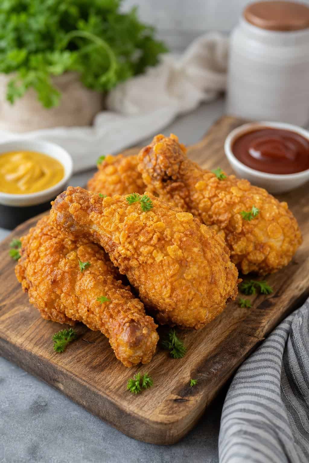 Crunchy cornflake-coated chicken drumsticks on a wooden board with visible flaky golden crust, fresh herb garnish, and small dipping sauce bowls.