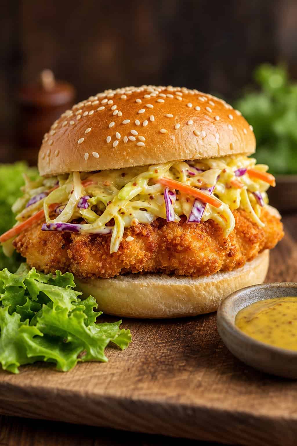 A panko-crusted oven-fried chicken sandwich on a wooden board with a ramekin of honey mustard sauce and shredded slaw visible on the side
