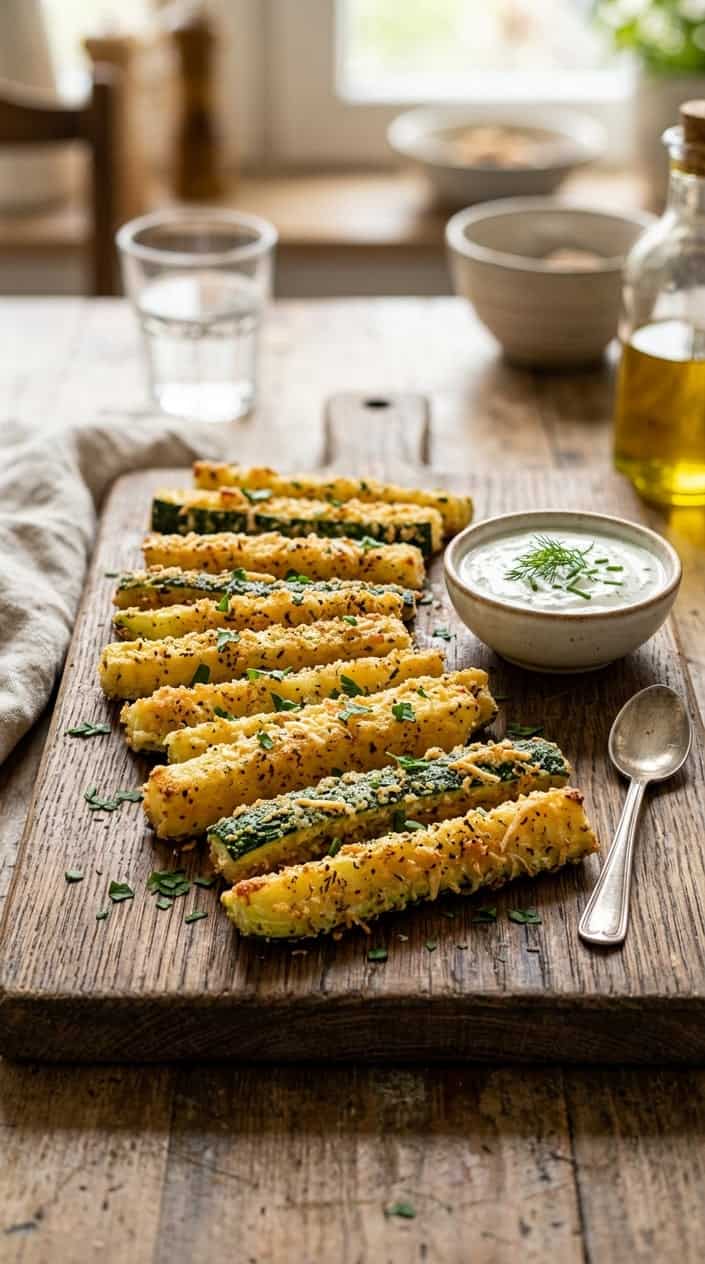 A serving board with crispy golden zucchini fries and a small bowl of dipping sauce.
