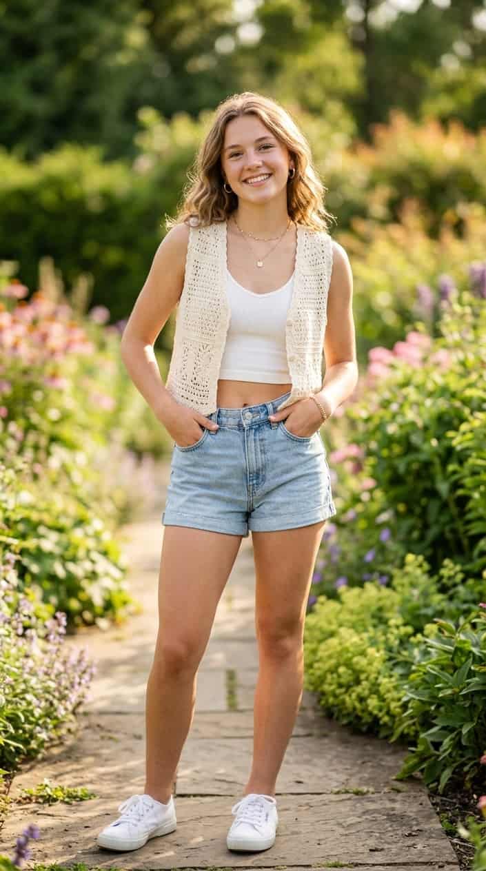 22 Teen Girl Summer Outfits for the Year She Suddenly Cares What She Wears 15 Teenage girl outdoors wearing a crochet vest over a white cotton crop top, smiling and standing in natural light.