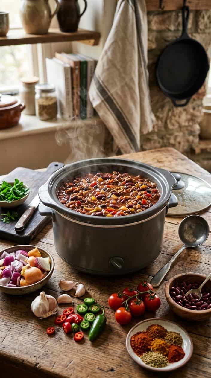 22 Slow Cooker Recipes I Come Back to on the Weeks Everything Falls Apart 10 A crockpot filled with chili con carne on a wooden countertop surrounded by fresh ingredients in a kitchen.
