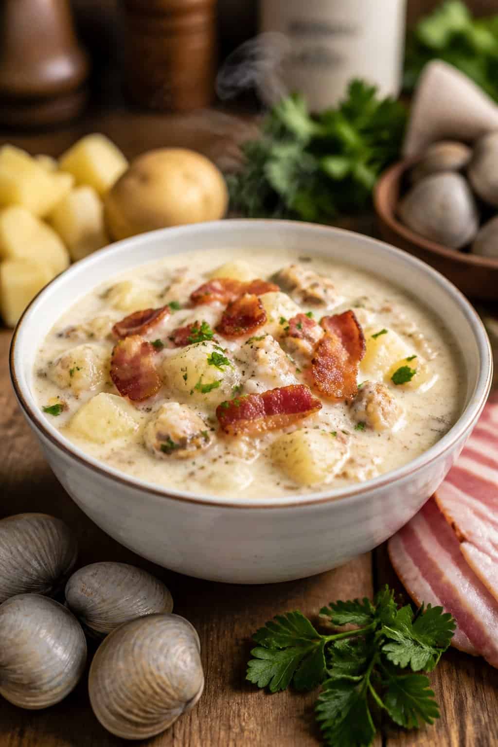 A bowl of creamy clam chowder with clams, potatoes, and crispy bacon on a wooden table with fresh ingredients around it.