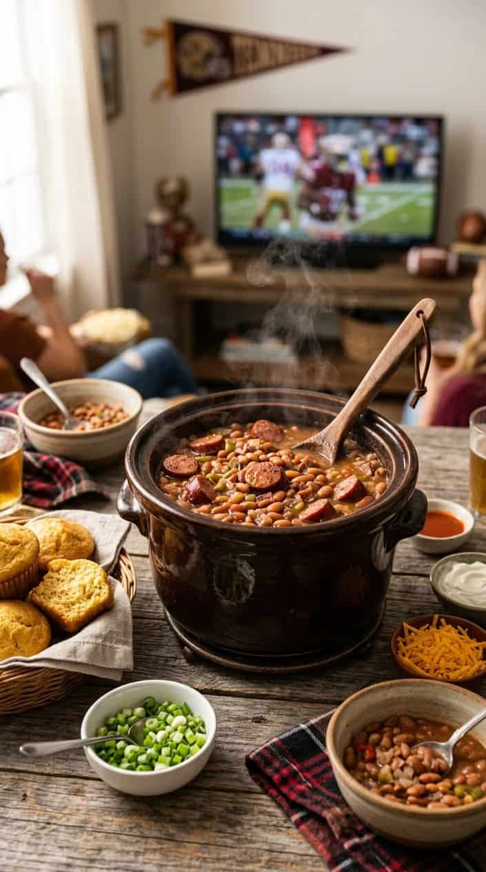 A crockpot filled with cowboy beans and smoked sausage on a wooden table surrounded by cornbread muffins and bowls of toppings.